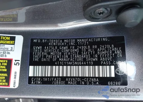 2022 Toyota Camry Le z USA, uszkodzony, nr VIN 4T1C11AK5NU644119